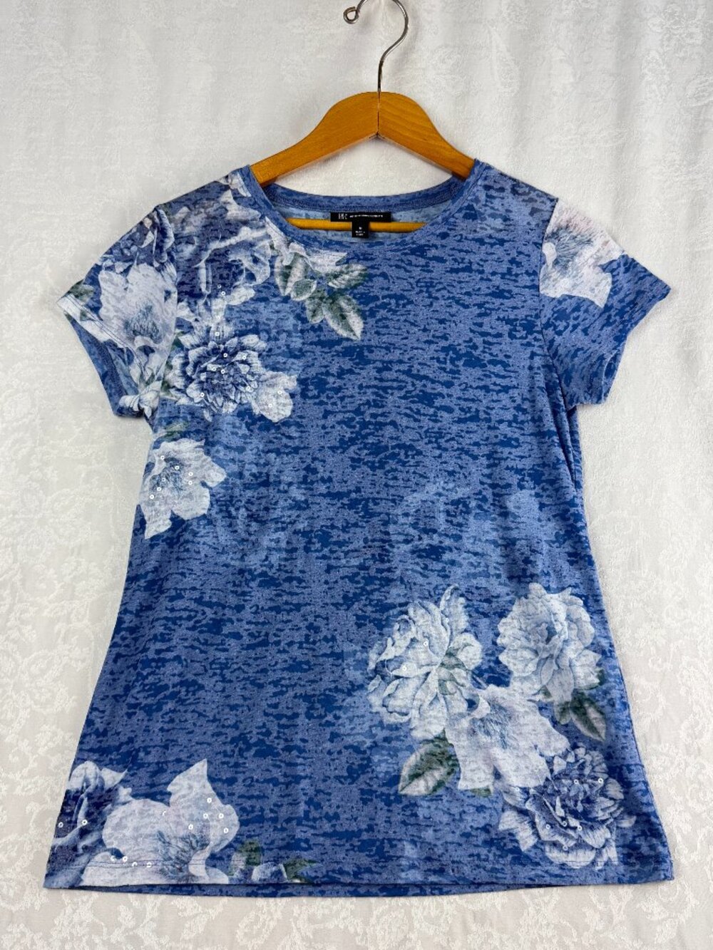 INC International Concepts Women’s M Blue Floral Print Short Sleeve T-Shirt